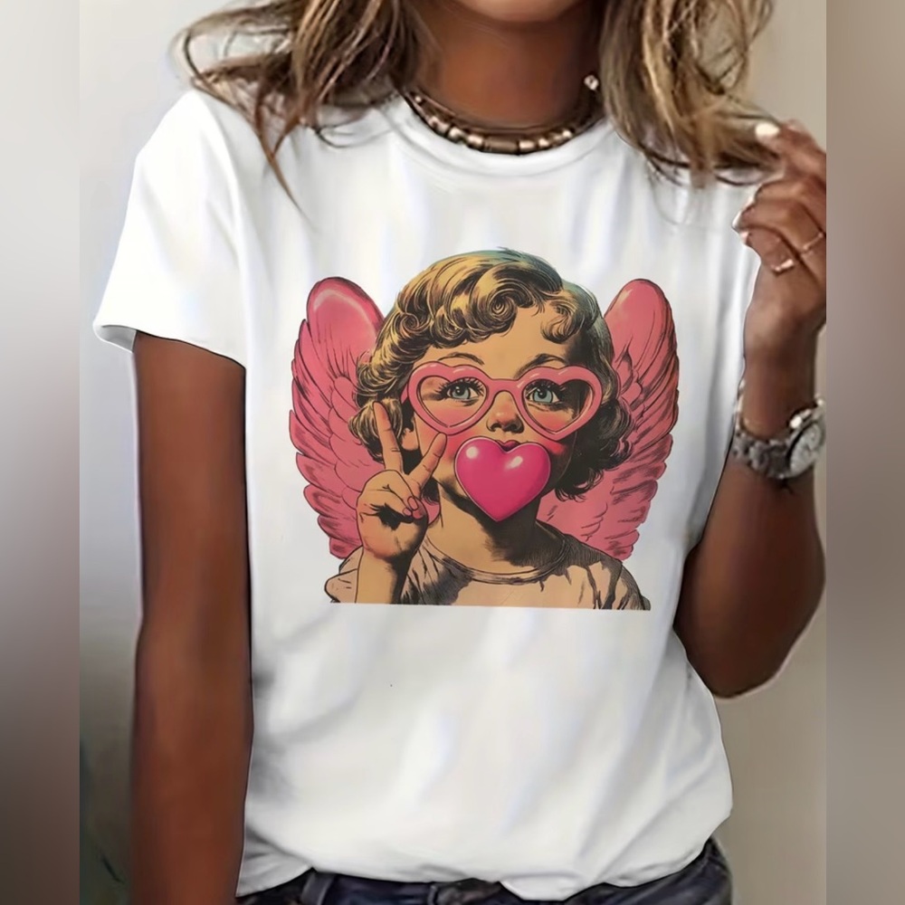 White Short Sleeve Tee with Pink Angel Heart Graphic